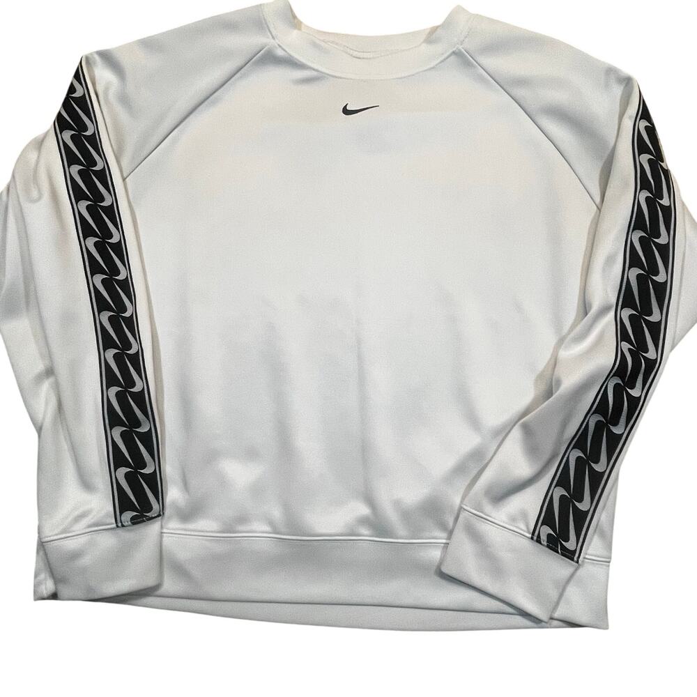 Nike Men Medium Center Swoosh Tape Crewneck Sweatshirt White Minimal Athletic
